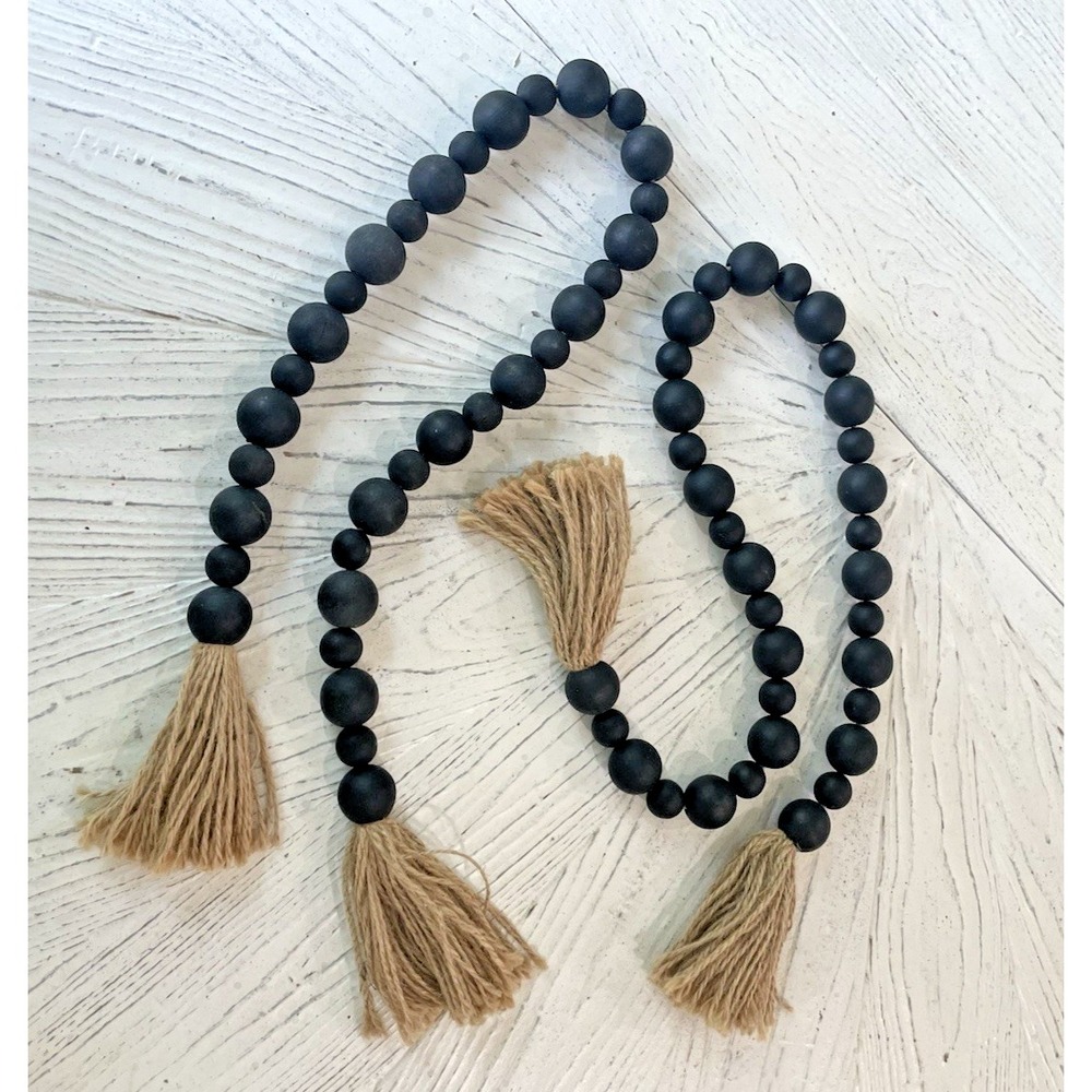 Set of 2 Farmhouse Beads Wood Bead Garland Tassels Rustic Country Decor Prayer